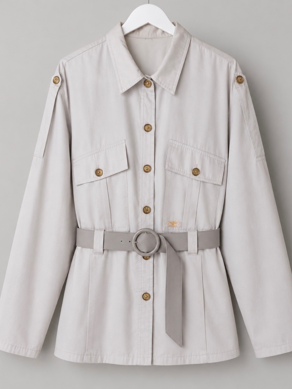Vintage 1980s MONTANA Utility Safari Jacket Belted Gold Buttons Oversize 25 P2P